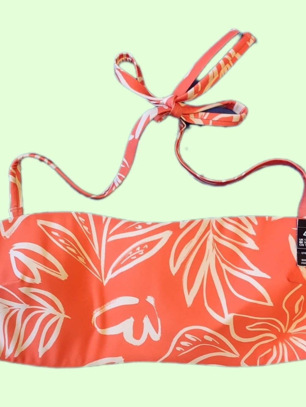 Leaf-Print Coral Bandeau Bikini Top with Removable Halter